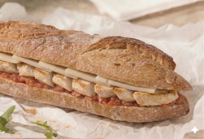 Bocadillo de tomate, queso semicurado y pechuga