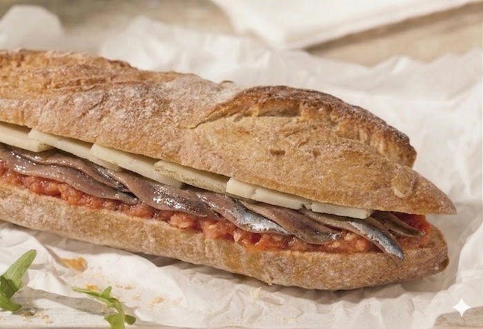 Bocadillo de tomate, queso semicurado y anchoas