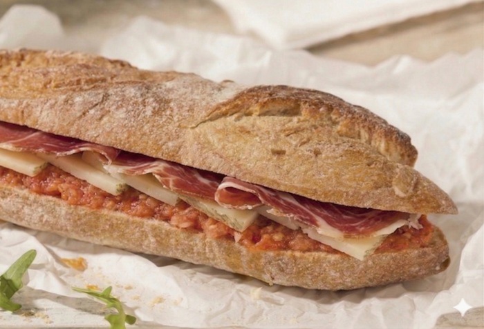 Bocadillo de tomate, queso semicurado y jamón serrano